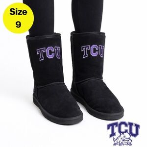 TCU 💜 Women’s Black Suede UGG-Style Calf-High, Faux Fur Boots (Size 9)